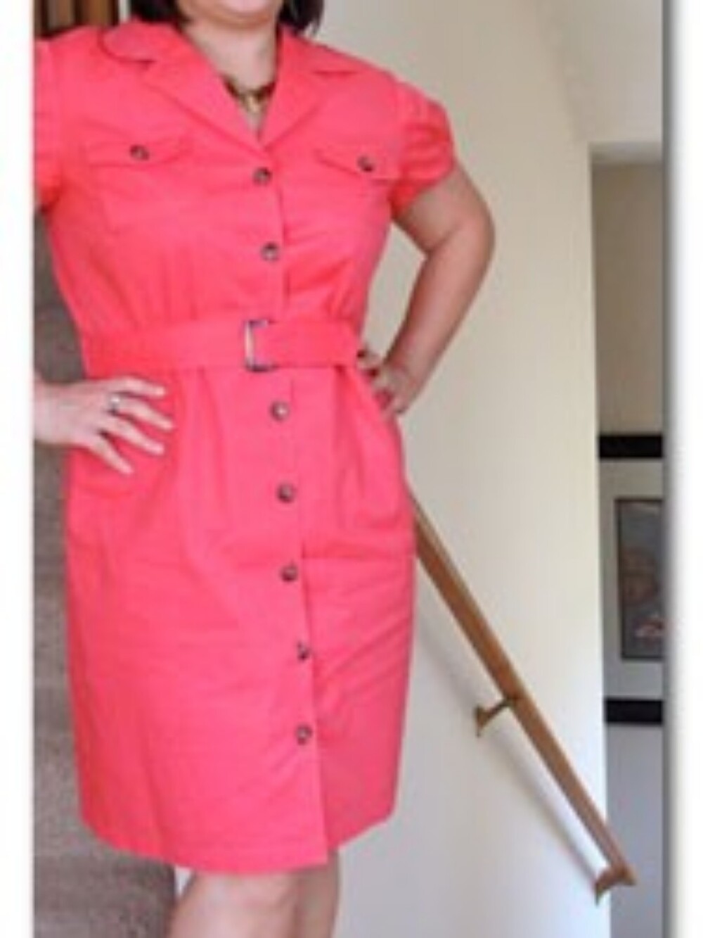 Tahari Cotton Button-Front Belted Coral Midi Shirt Safari Dress